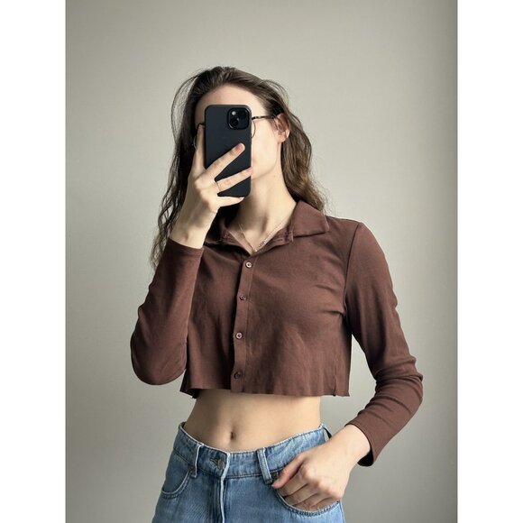 H&M Brown Cropped Button Down Top (Altered Cut) – Super Cute Layering Shirt Y2K - Picture 7 of 7